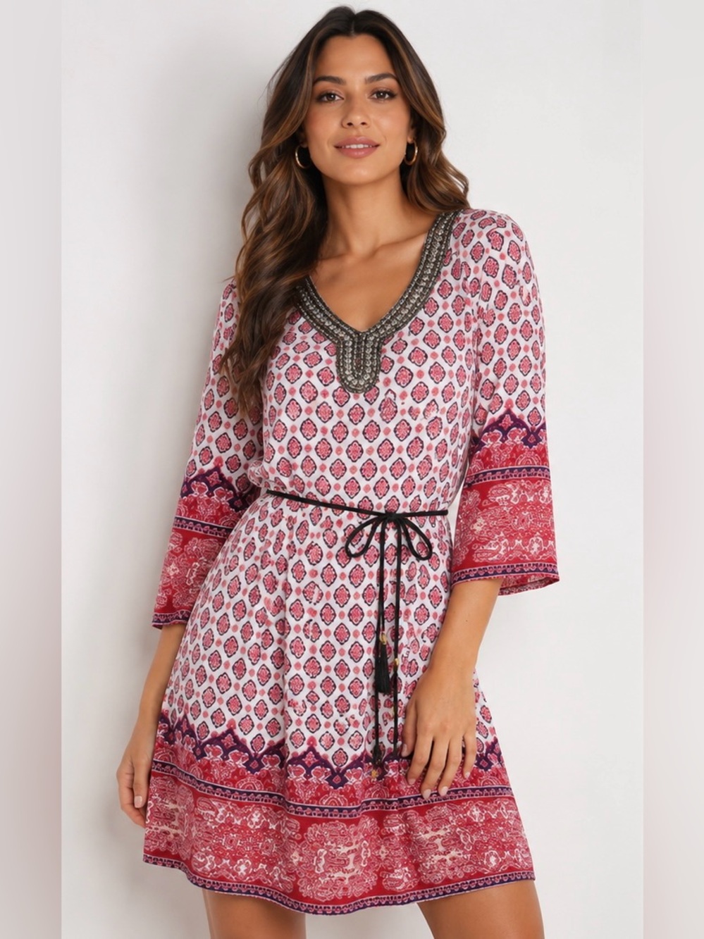 Boho Embroidered V-Neck Paisley Tunic Dress in Pink & Red